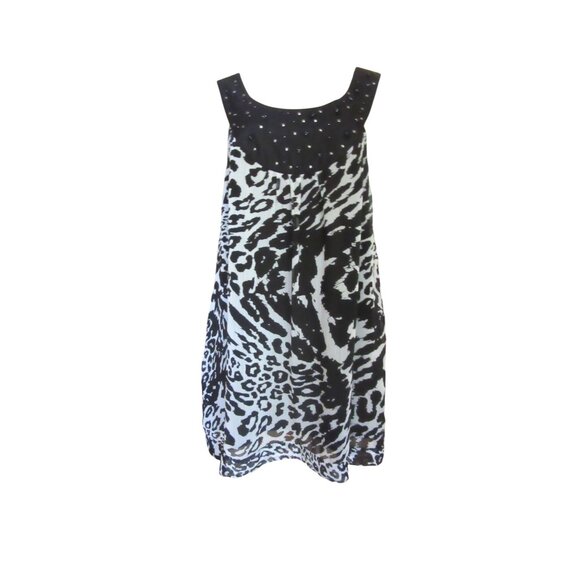 Lapis Black/White Animal Print Beaded Sleeveless Tunic Style Blouse in Sz XL - Picture 1 of 6